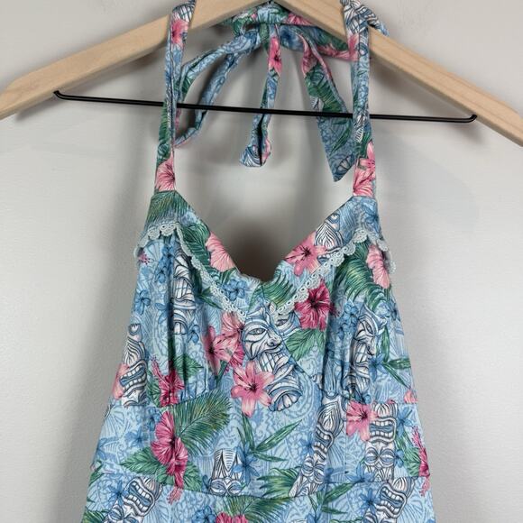 Hot Topic Tiki Blue Floral Swing Dress Small Summer Hawaiian Themed Retro 1950s - Picture 5 of 9